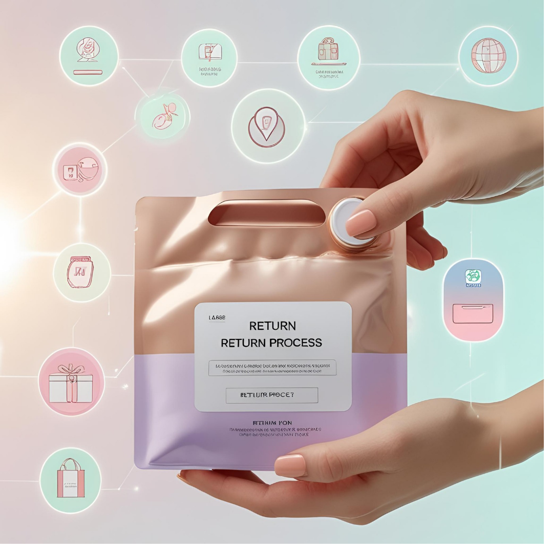 Luxury cosmetics return process with tech icons and sustainable packaging – 2025 beauty logistics visual.
