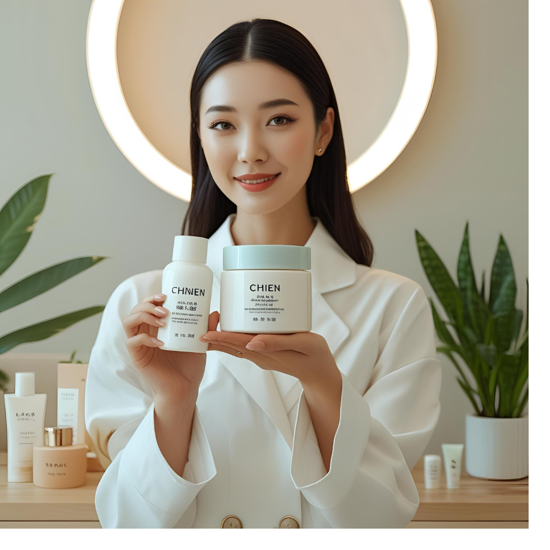 Woman showcasing skincare products in eco-friendly packaging