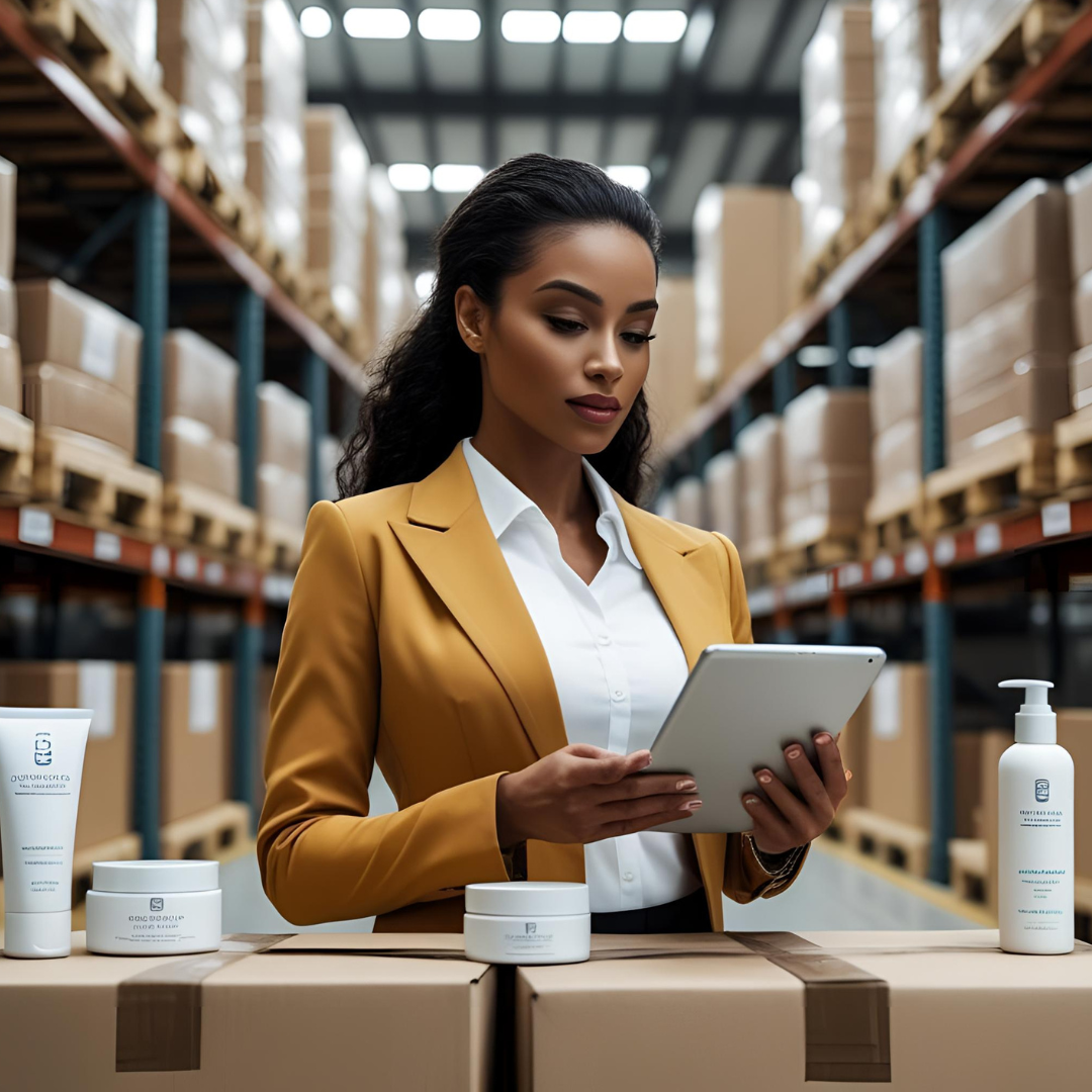 Woman tracking real-time skincare deliveries in warehouse Tags: beauty logistics, package tracking, warehouse, skincare shipping Caption: Real-time tracking is revolutionizing beauty product delivery in 2025