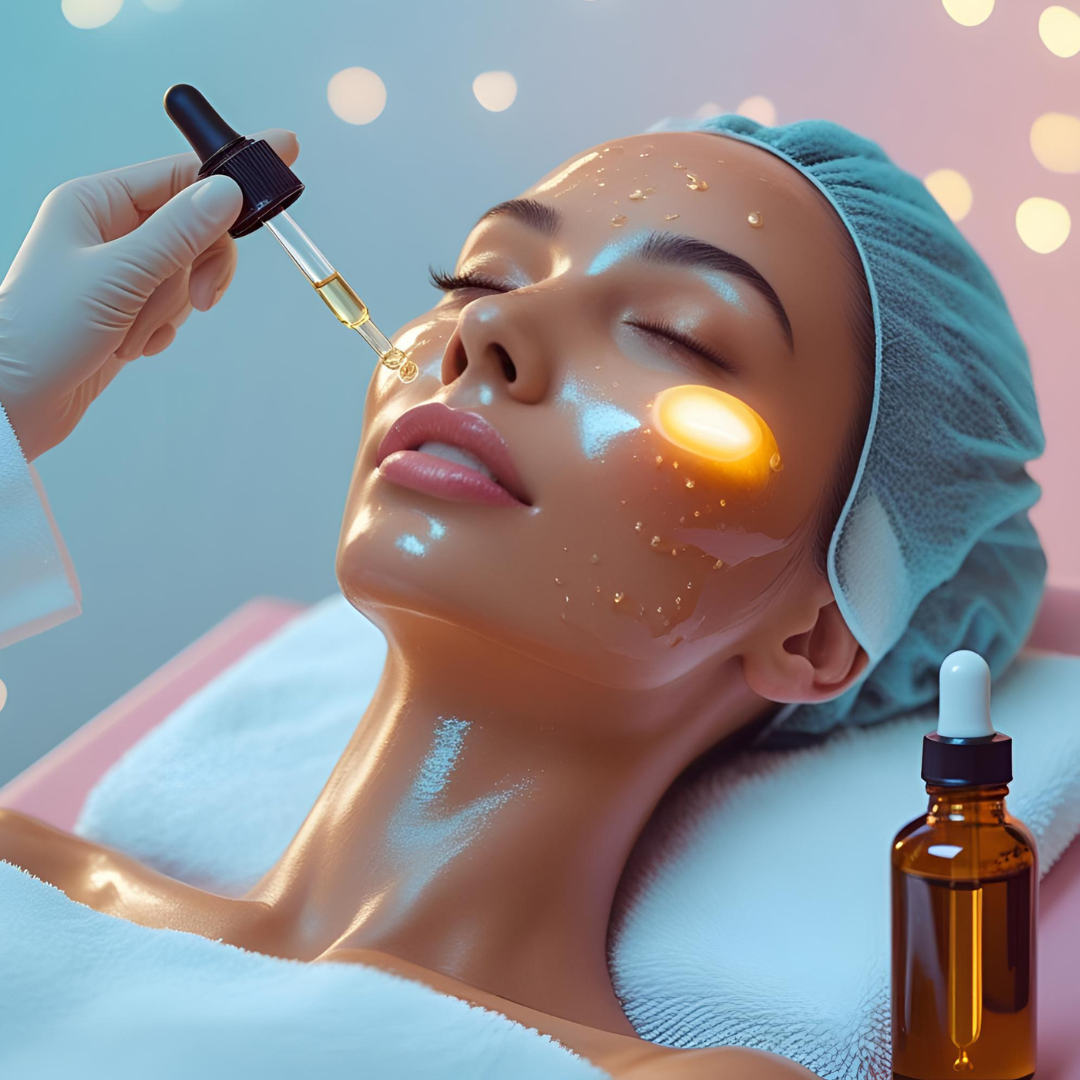 Esthetician applying serum during a glass skin facial treatment