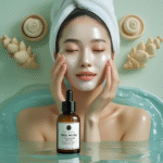 Woman applying snail mucin serum with glowing skin in modern beauty spa