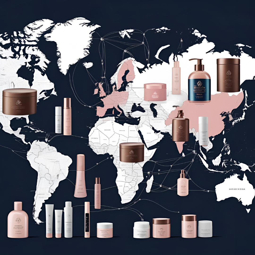 Illustration of global beauty supply chain with eco-packaging and smart logistics tech