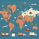 Global map showing international shipping routes for beauty and skincare products with air, sea, and road transport icons connecting warehouses and countries.