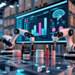 AI-powered warehouse automating beauty product fulfillment with robots, smart dashboards, and a female manager overseeing logistics.