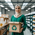 Young woman holding a recyclable box in a green beauty warehouse with solar panels and sustainable skincare products