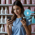 Woman checking real-time beauty product delivery status on smartphone with skincare boxes and live route map in background