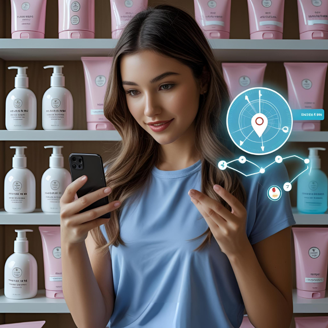 Woman checking real-time beauty product delivery status on smartphone with skincare boxes and live route map in background