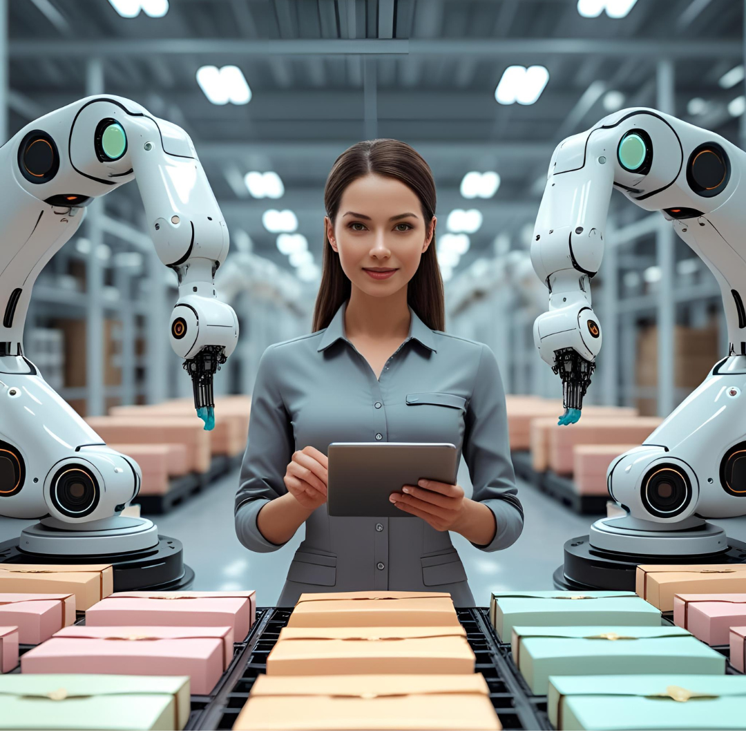 Female manager overseeing AI robots sorting cosmetics