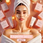Flat-lay of premium skincare products with eco-friendly packaging, tracking labels, and global logistics elements on a white marble background.