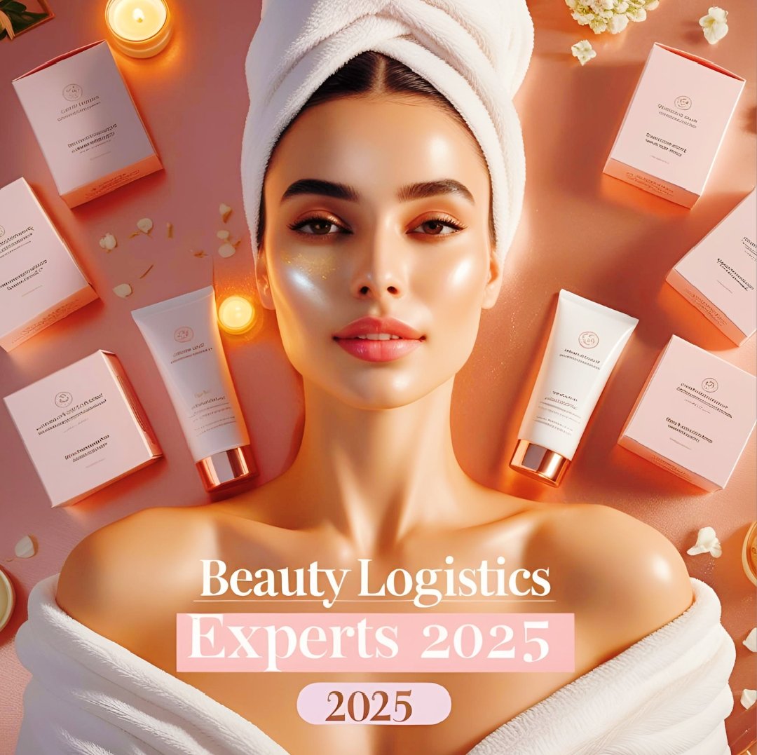 Flat-lay of premium skincare products with eco-friendly packaging, tracking labels, and global logistics elements on a white marble background.