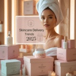 Beautiful woman with skincare and delivery icons in a luxury spa setting