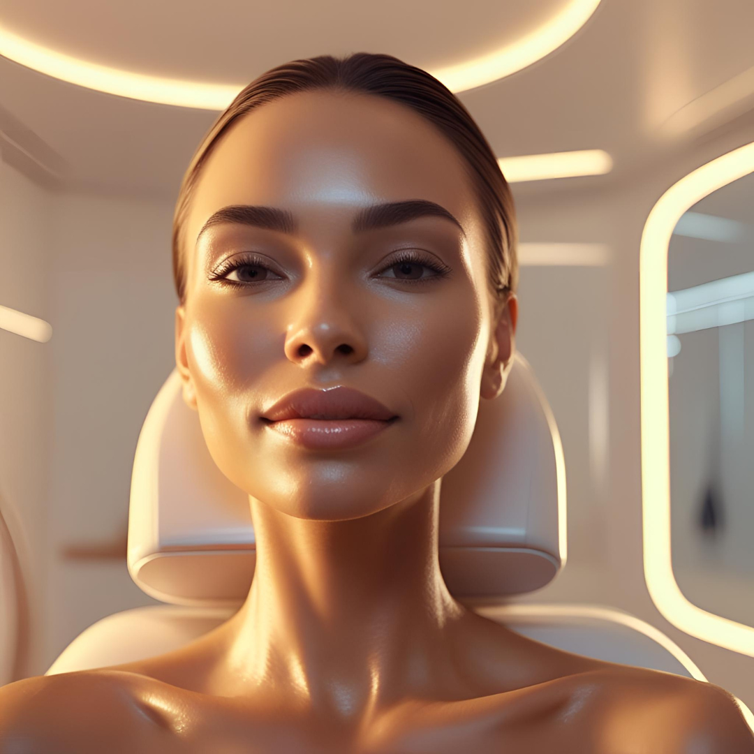 Woman with glowing skin after laser facial treatment in a modern clinic, 2025 beauty skincare trend