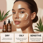 Woman with glowing skin showing dry, oily, and sensitive skin types in a modern beauty setup