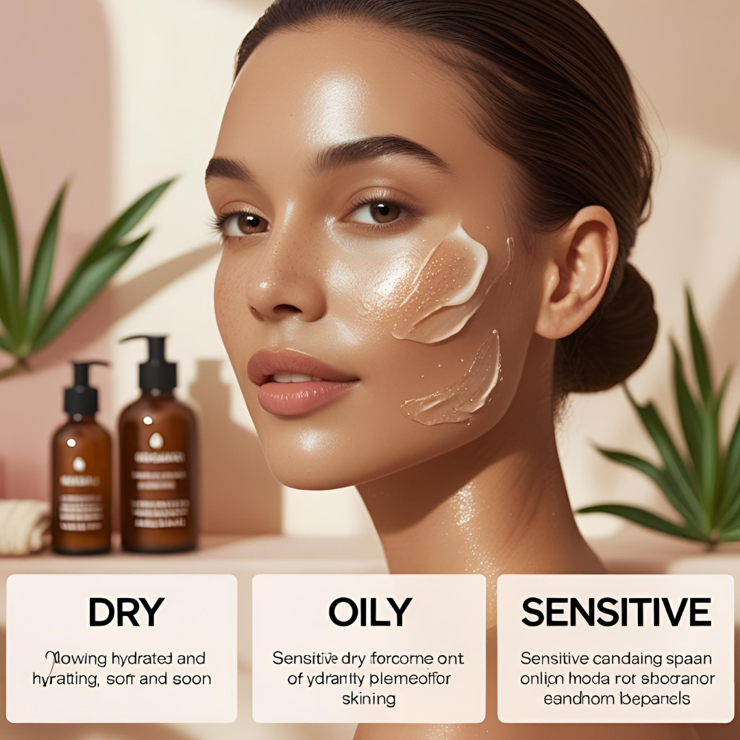 Woman with glowing skin showing dry, oily, and sensitive skin types in a modern beauty setup