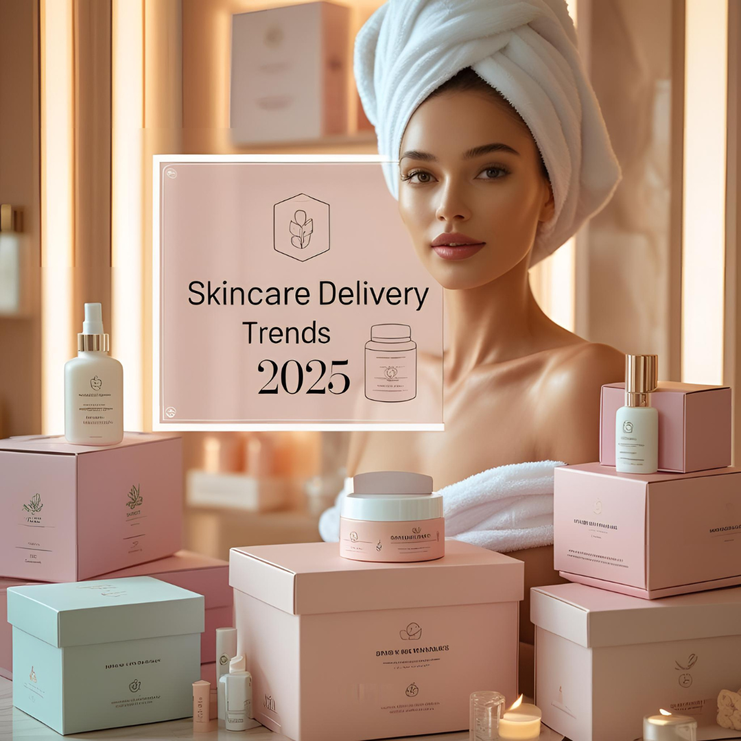 Beautiful woman with skincare and delivery icons in a luxury spa setting