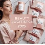 Flat lay of premium skincare products with global shipping tags and eco-friendly packaging on marble surface.