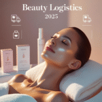 Beautiful woman in spa with glowing skin and skincare logistics theme