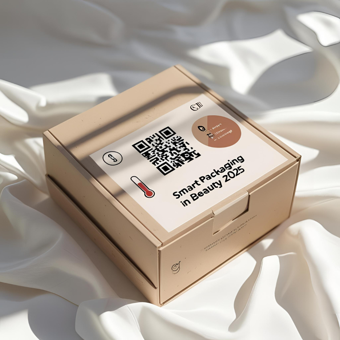 Eco-friendly skincare box with QR code and freshness icons