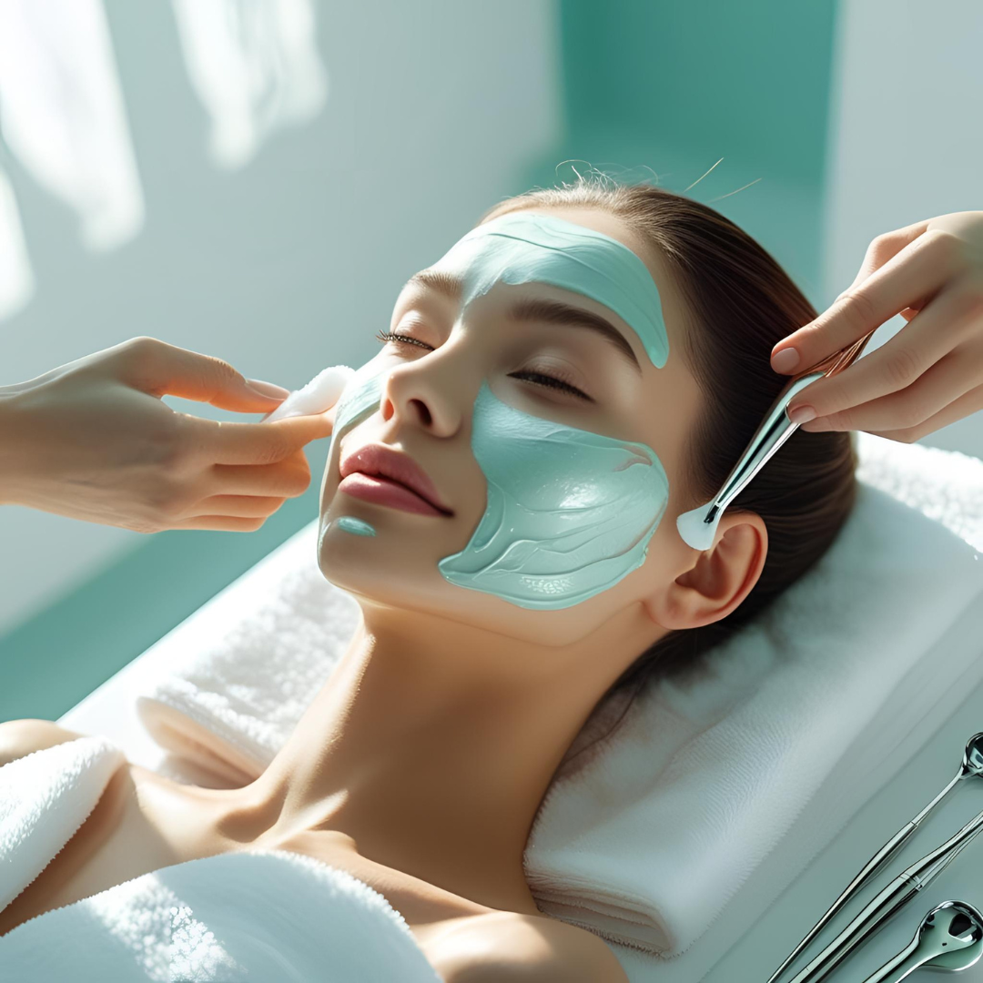 Woman receiving a skin detox facial treatment in a modern spa, glowing skin, 2025 skincare trends