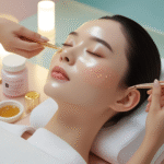 Woman receiving BB Glow facial treatment in a luxury spa