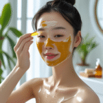 Young woman applying turmeric and honey face mask at home in 2025 for glowing skin