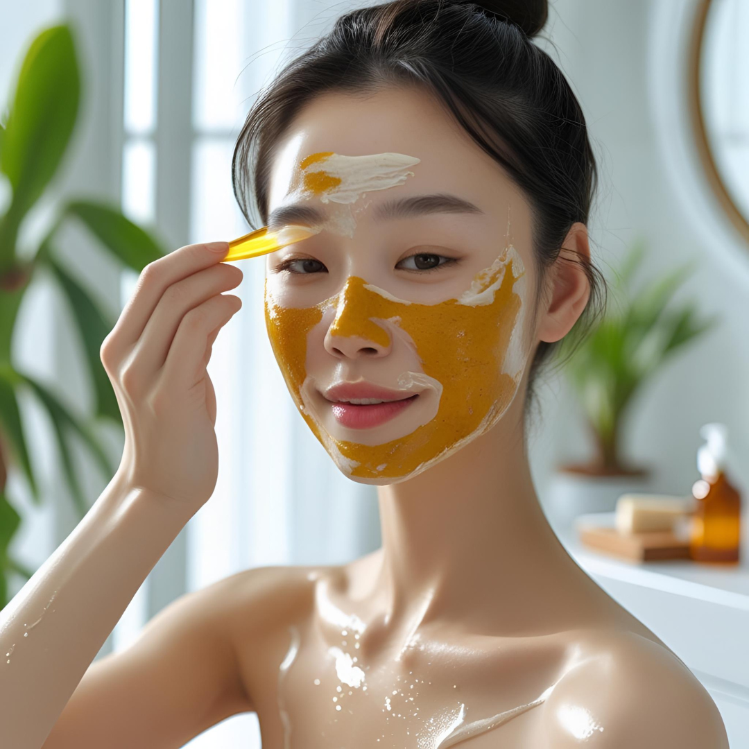 Young woman applying turmeric and honey face mask at home in 2025 for glowing skin