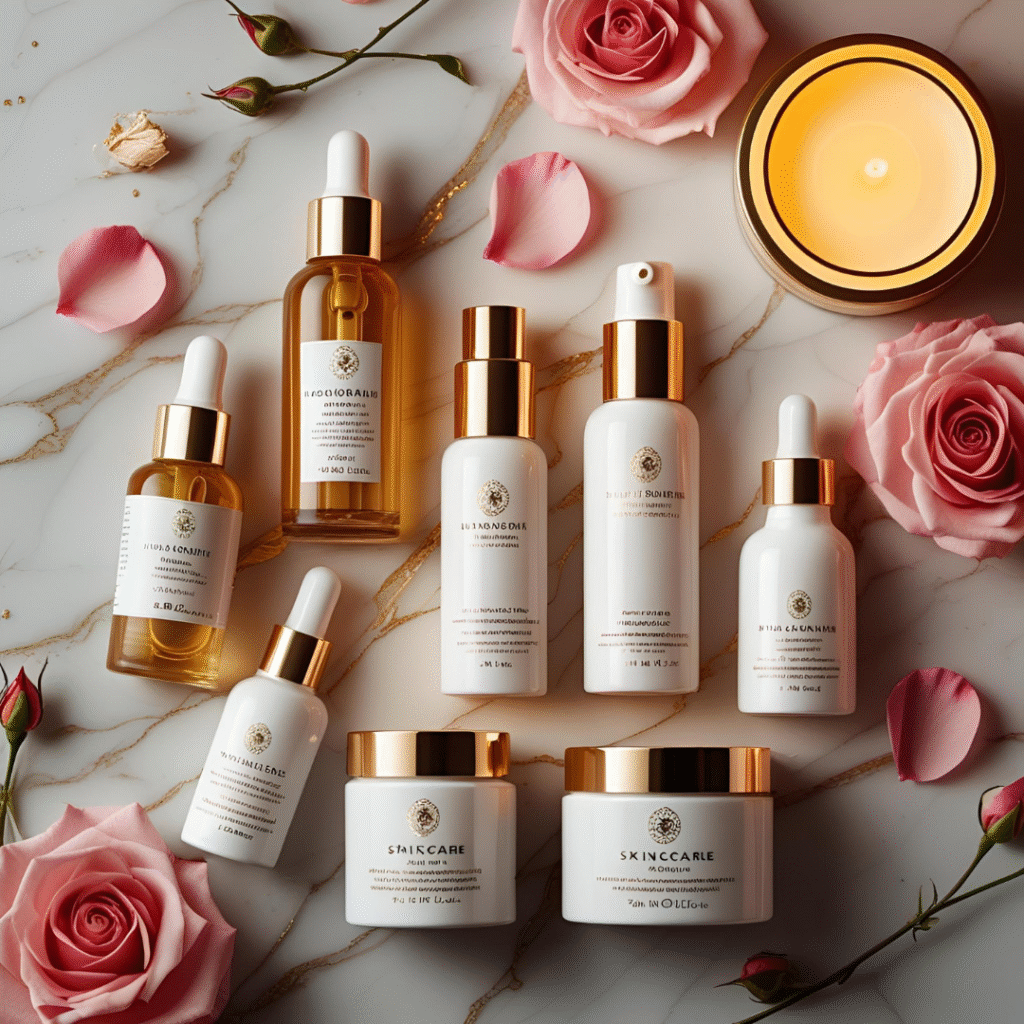 Luxury skincare flat lay on marble surface