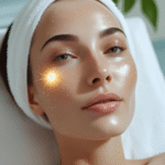 A woman enjoying a luxury anti-aging facial in a modern beauty clinic with glowing skin and relaxing spa ambiance.