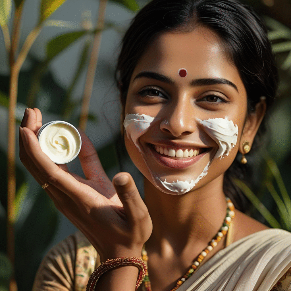 Woman applying organic face cream with natural background